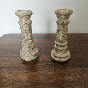 Carved & Polished Fossil Rock 5" Candle Stick Set